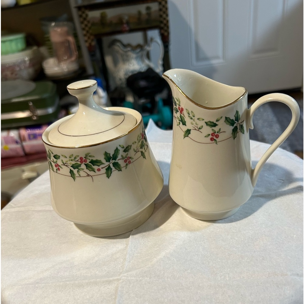 Holiday traditions, creamer, and sugar set from 1997, gold trim,  Holly wreath